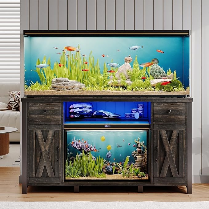 75 Gallon Fish Tank Stand with LED Light & Power Outlets, 55-75 Gallon Heavy Duty Metal Aquarium Stand with Drawers & Barn Doors, Cabinet for 2 Fish Tank Accessories Storage, Dark Oak-PawvioPets