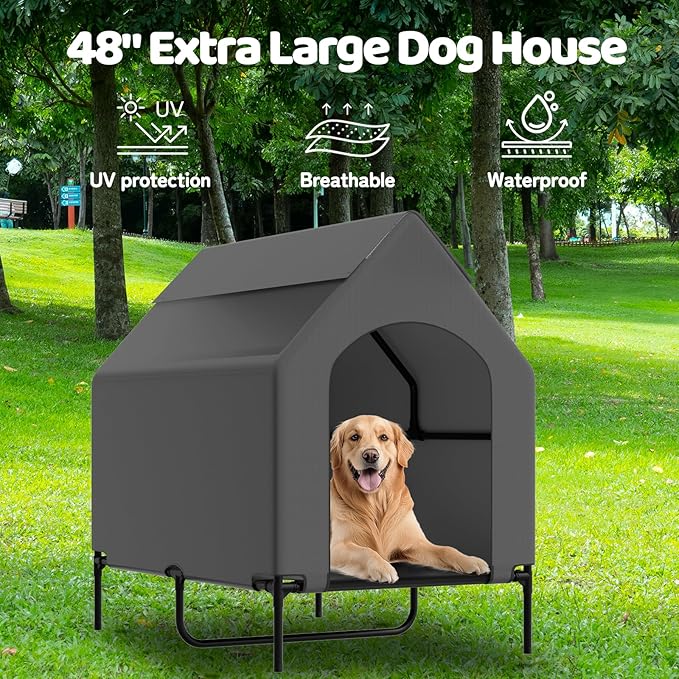 48” Extra Large Dog House-2-in-1 Extra Large Dog House with 8.5” Elevated Dog Bed-Weatherproof Waterproof Outdoor Dog House,Easy to Clean-PawvioPets