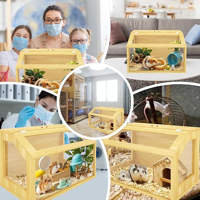 24" Wooden Hamster Cage, Chewproof Gerbil Cages and Habitats, Openable Top Roof Window with Silencing Pad, Guinea Pig Cage for Small Animals, Dwarf and Syrian Hamster, 24 x 16 x 16 Inches-PawvioPets