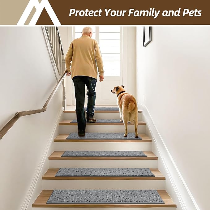 COSY HOMEER Stair Treads for Wooden Steps 9"x28" Washable Indoor Carpet Stair Treads Non Slip Soft Polyester Stair Carpet Tread Reusable Stair Runner Rugs for Kids, Elders,Pets,Medium Grey,4pcs-PawvioPets