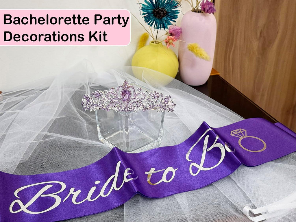 JETKONG 3 Pcs Bachelorette Party Decorations Bridal Shower Crown, Bride to Be Sash&Veil for Women Bachelorette Party Gifts, Bachelorette Party Supplies, Gifts, Favors (Purple)