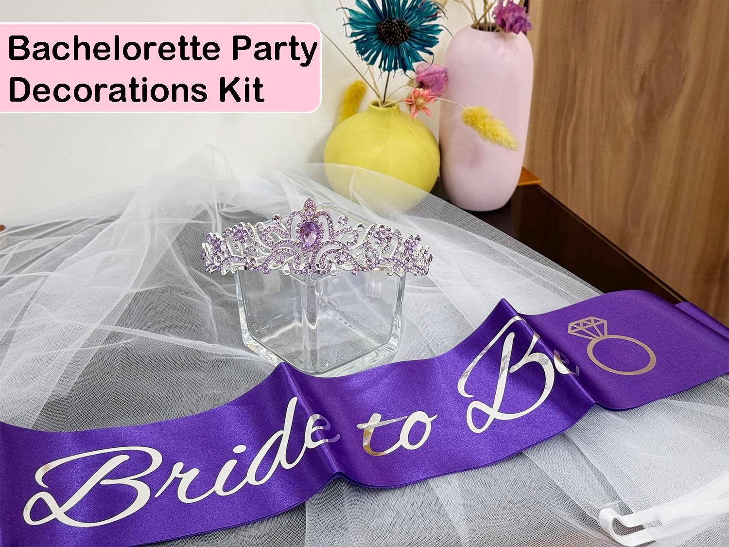 JETKONG 3 Pcs Bachelorette Party Decorations Bridal Shower Crown, Bride to Be Sash&Veil for Women Bachelorette Party Gifts, Bachelorette Party Supplies, Gifts, Favors (Purple)