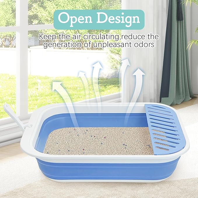 Fhiny Cat Litter Box Portable Shallow Litter Box 17.7"x13.4"x4.9" Foldable Cat Toilet with Scoop Open Kitty Potty Pan with Litter Drop Pedal Easy to Clean Travel Kitten Toilet(Blue)-PawvioPets
