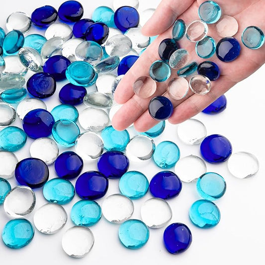 1LB Mixed Blue Glass Marbles, Transparent and Smooth Flat Glass Beads for Vases, Mosaic Gem Pebbles for Aquarium Decor, Floral Arrangements, Mancala Stones, Vase Filler and Crafts (Approx. 80-100 PCS)-PawvioPets