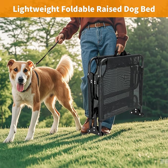 Elevated Dog Bed, Foldable Raised Dogs Bed Outdoor Dog Cots Beds for Large Dogs Cooling Outside Camping Chew-Proof No Assembly Need, Black-PawvioPets