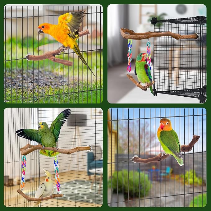 Bird Swing Toys, Standing Bird Perch with Natural Grape Wood, U Shape Hangable Birdcage Accessories, Birds Chewing Toy for Budgerigars, Parakeets, Cockatiels, Conures, Lovebirds, Finches (3Pack)-PawvioPets