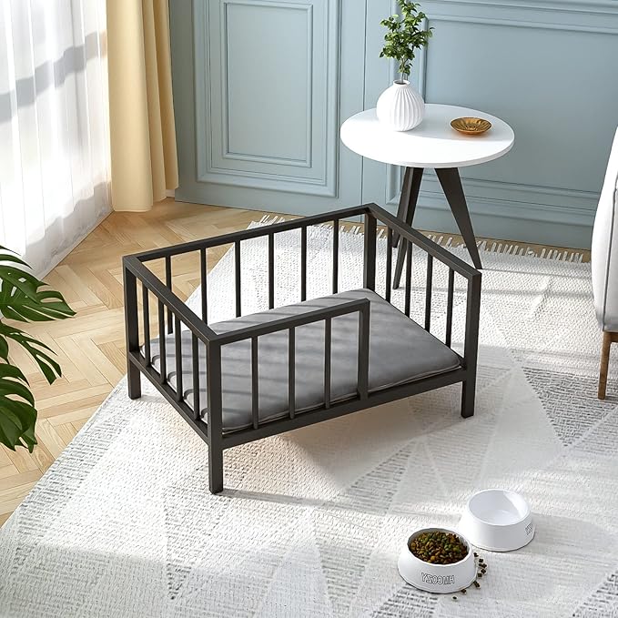 Dog Bed with Rails - Elevated Pet Metal Bed Frame with Solid Wood Board and Washable Soft Mat for Small Dog Indoor or Outdoor Use, 21.3" x 30", Black-PawvioPets