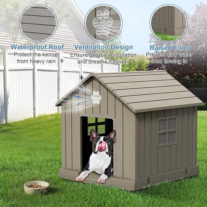 Dog House Indoor Outdoor for Small to Large Sized Dogs Resin Outdoor Dog House with Ventilation Puppy Shelter with Elevated Floor, Easy to Assemble, Blue-PawvioPets