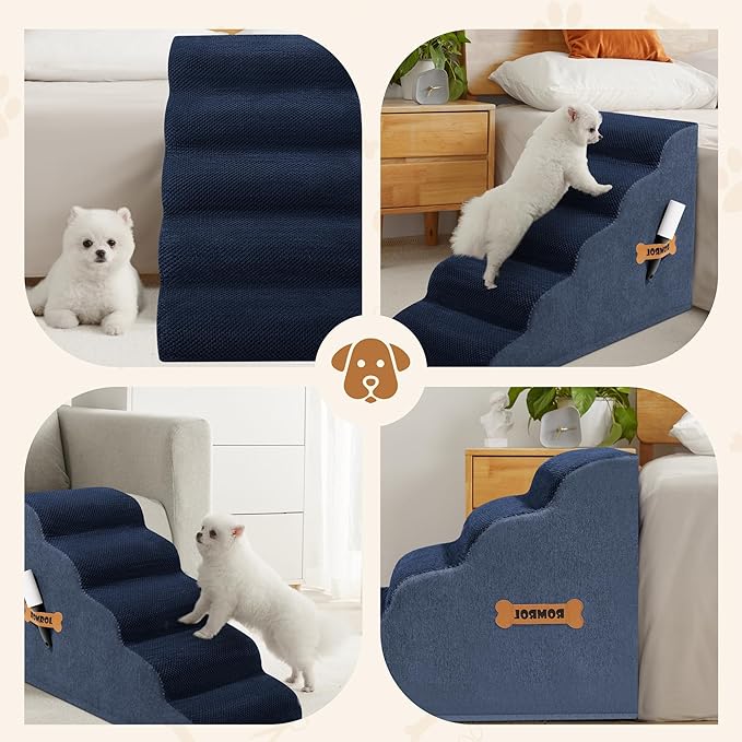 Dog Stairs, Romrol Dog Steps Ramp for High Bed and Couch, Dogs Ramp with Durable Non-Slip Waterproof Fabric Cover, Pet Stairs for Small Dogs and Cats or Pets Joints, 4-TiersNay-PawvioPets
