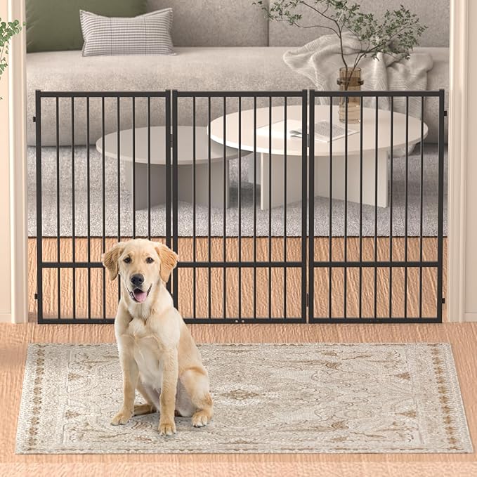Full Metal Freestanding Dog Gate with Door, 36''Height Foldable Pet Dog Fence for Indoor & Outdoor, 3 Panels Extra Wide Free Standing TallDog Gates for Doorways,House,Stairs,Porch,Deck,Yard-PawvioPets