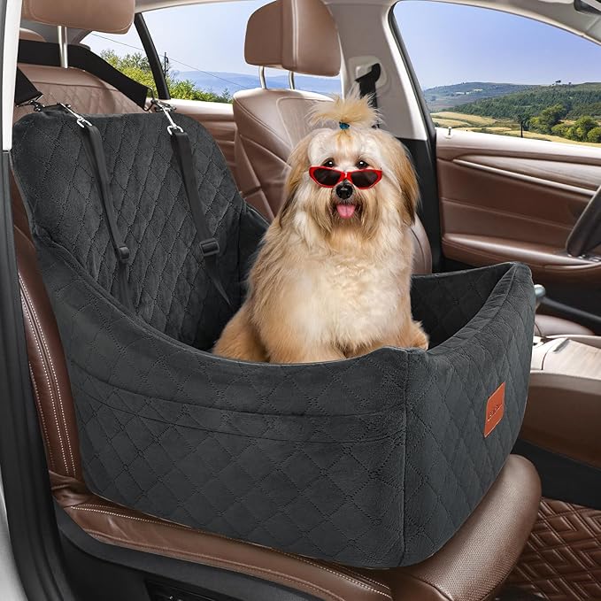 Dog Car Seat for Dogs Up to 35lbs,Fully Detachable and Washable,Memory Foam Covered Soft Fabric,Easy to Install with Adjustable Straps,Anti-Slip Bottom,Two Side Pockets(Black,Medium)-PawvioPets