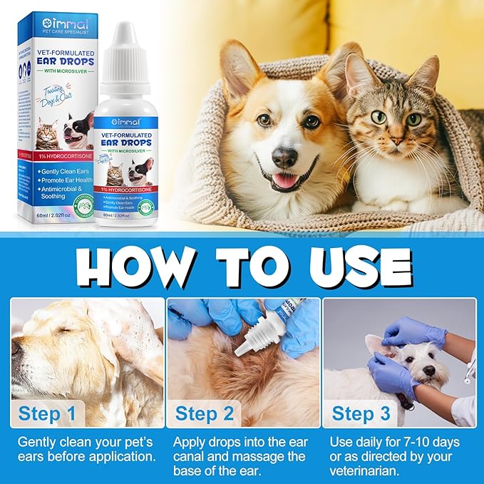 Dog & Cat Ear Infection Treatment Drops, Pets Ear Cleaning Drops with 1% Hydrocortisone for Dog & Cats Yeast Infection, Itchy Ear Relief, Pet Ear Care Supplies for Dogs & Cats -2fl oz-PawvioPets