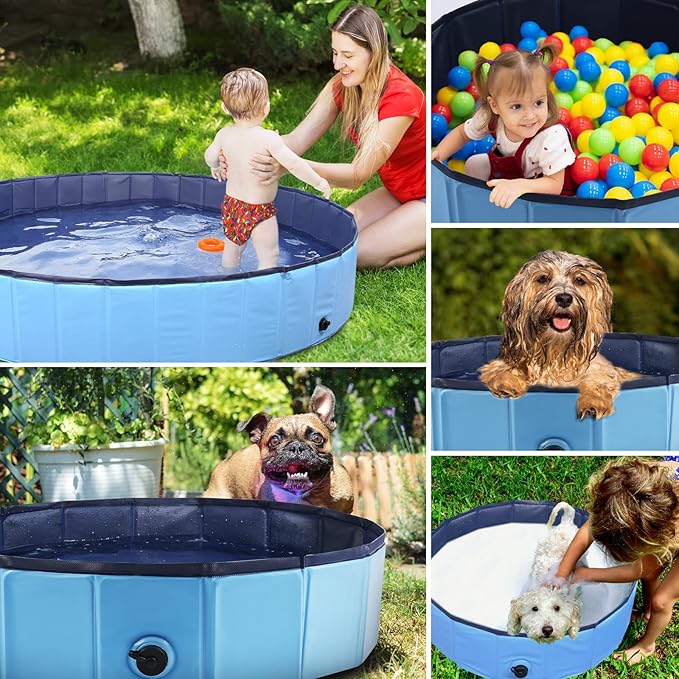 Foldable Dog Bath Swimming Pool Plastic Kiddie Pool Professional Tub Collapsible Grooming Bathtub for Pets Kids Baby and Toddler, 32 x 8 Inches Blue-PawvioPets