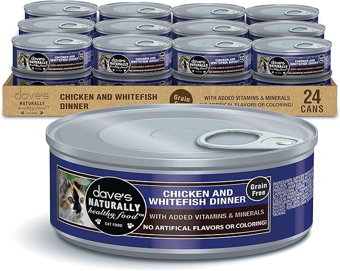Dave's Pet Food Grain Free Wet Cat Food (Chicken & Whitefish), Made in Canada Naturally Healthy Canned Cat Food, 5.5 oz Cans (24 Pack)-PawvioPets
