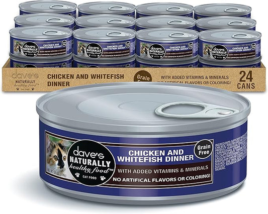 Dave's Pet Food Grain Free Wet Cat Food (Chicken & Whitefish), Made in Canada Naturally Healthy Canned Cat Food, 5.5 oz Cans (24 Pack)-PawvioPets
