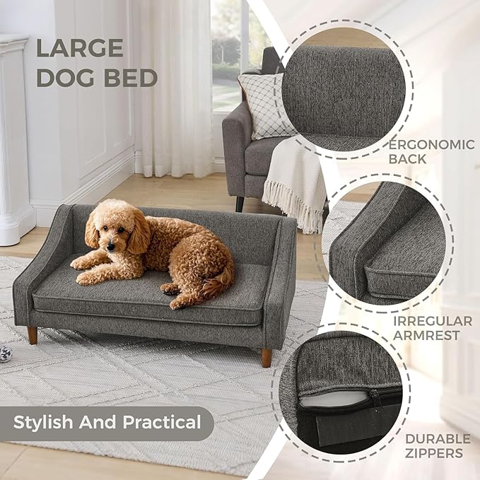 Dog Sofa Couch for Medium to Large Dogs, Durable Pet Sofa with Washable Fabric, Elevated Mini Dog Bed with Wooden Legs for Medium and Large Dogs, Dark Grey-PawvioPets