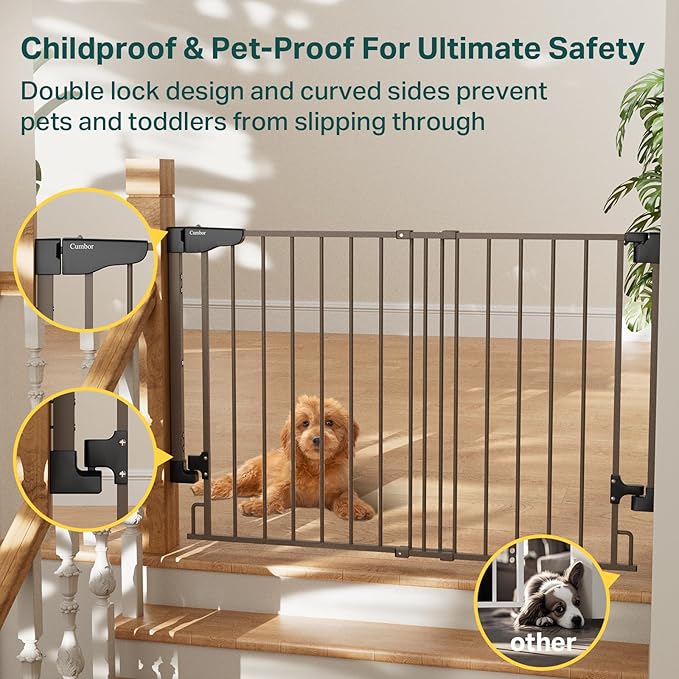Cumbor 29.2-43" No Bottom Bar Baby Gate for Stairs, 2-in-1 Hardware Mounted Dog Gate Indoor, Pet Gate for Doorways with Large Walk Thru Door, Child-Proof Safety Gate for Top & Bottom of Stairs (Brown)-PawvioPets