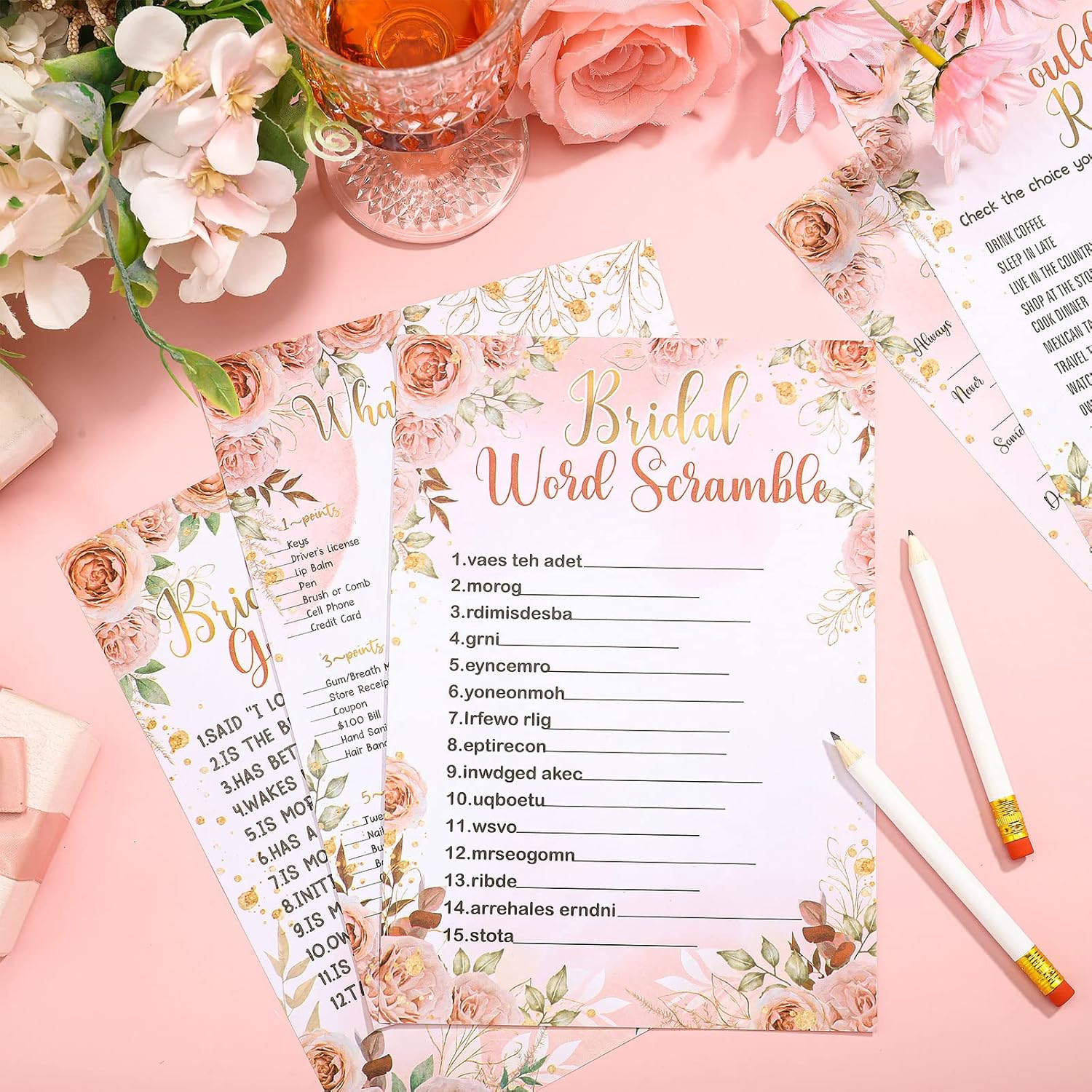 Teling 145 Pieces Bridal Shower Game Bridal Shower Favors Set Wedding Games Cards and Pencils for Bride Groom Bachelorette Party Wedding Party Favor(Pink Floral)