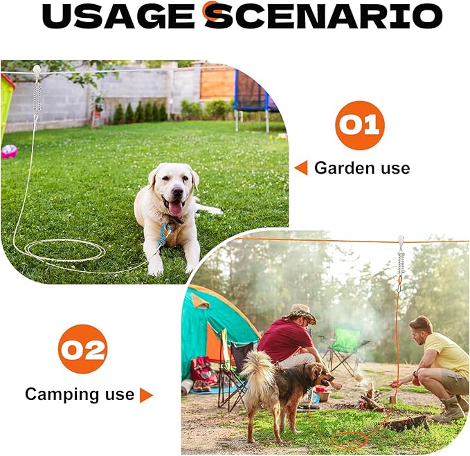 50ft Dog Runner for Yard Large Dog Heavy Duty with Double Shock Absorbers Tangle-Free Aerial Trolley System for Large Dogs Up to 250lbs(Orange)-PawvioPets