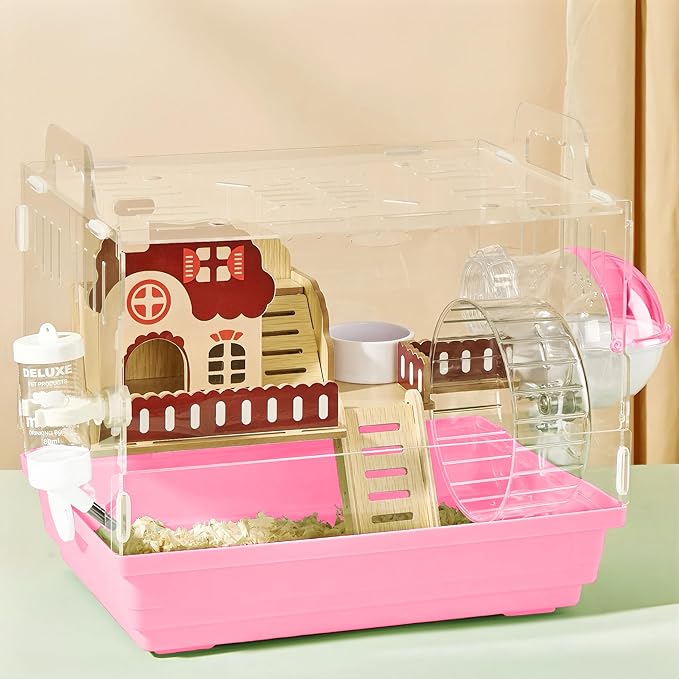 8 in 1 Clear Acrylic Hamster Cage with All Accessories,13.5''L* 10''W* 13''H Dwarf Hamster Cage,Small Hamster Habitat,Garden Style Mouse Cage for Pet Mice,Hamster Enclosure(1-Layer,Pink)-PawvioPets