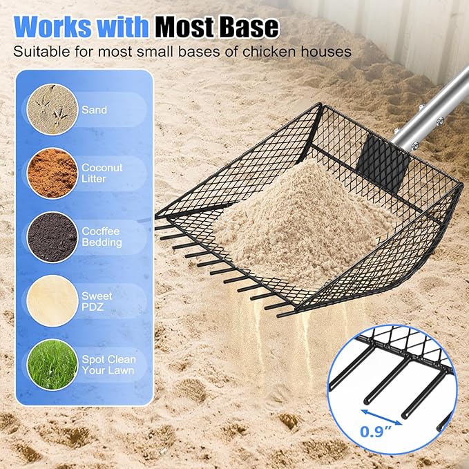 CAROD Chicken Poop Scooper & Rake 2-in-1, Metal Chicken Coop Scoop for Poop with 24 to 68" Adjustable Stainless Steel Handle, Litter Scooper Sand Sifting Shovel Chicken Coops/Animals House-PawvioPets