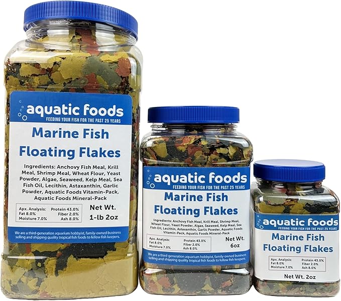 Aquatic Foods Inc. Marine Fish Flakes of Red & Green Algae, Seaweed for Tangs, Butterflies, Angelfish, Anthias, Clown Fish, Damsels Also Pellet Mix, Wafer Mix Included… AFI 1-lb 2oz-PawvioPets
