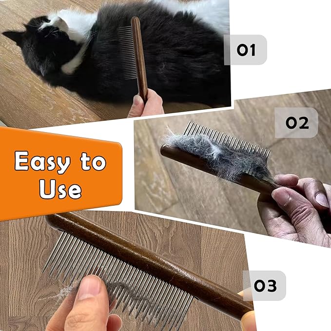 3 Pack Solid Wood Cat Combs, Stainless Steel Teeth for Cat Dog Rabbit Massage, Flea Lice Comb Removes Mats, Tangles and Loose Fur, Grooming Comb for Small Medium Pets-PawvioPets