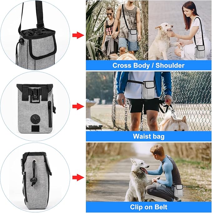 Airline Approved Dog Travel Bag with 2 Dog Treat Training Pouches, Tote Organizer for Weekend Pet Travel Supplies & Accessories, 2 Collapsible Bowls, 2 Food Container (Grey)-PawvioPets