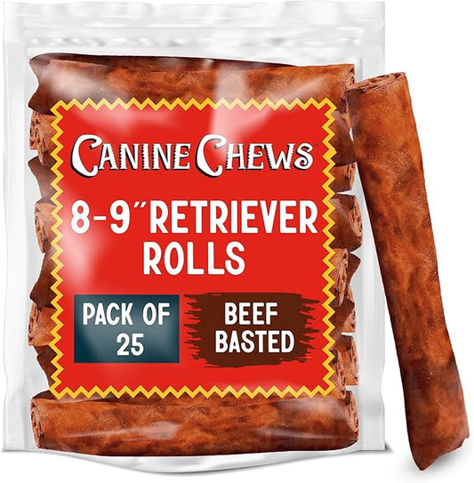 Canine Chews 8-9" Beef Basted Thick Rawhide Retriever Rolls - Pack of 25 Beef-Flavored Long-Lasting Dog Rawhide Chews - Protein-Dense Jumbo Rawhide Bones For Large Dogs - Treats for Aggressive Chewers-PawvioPets