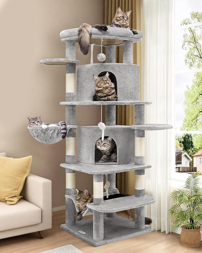 Globlazer Corner Cat Tree for Large Cats, 66inch Tall Curved Series Large Cat Tower for Multiple Indoor Cats with 6 Scratching Posts, 2 Spacious Cat Condos, Hammock, Hanging Basket, C66, Light Grey-PawvioPets