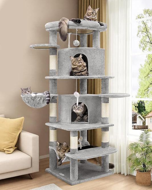 Globlazer Corner Cat Tree for Large Cats, 66inch Tall Curved Series Large Cat Tower for Multiple Indoor Cats with 6 Scratching Posts, 2 Spacious Cat Condos, Hammock, Hanging Basket, C66, Light Grey-PawvioPets