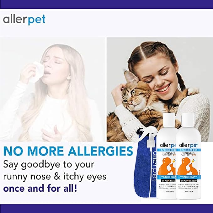 Allerpet Cat Dander Remover w/Free Applicator Mitt & Sprayer - Effective Cat Dander Reduction - Anti Allergen Solution Made in USA - 2 Pack (12oz)-PawvioPets