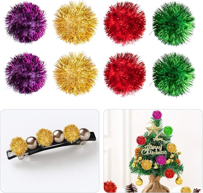 AUEAR, 24 Pack 2 Inch Extra Large Sparkle Cat Ball Glitter Tinsel Pom Pom Balls for Kittens (4 Assorsted Colors)-PawvioPets