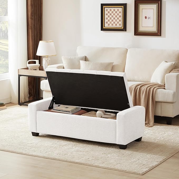 48" Ottoman with Storage, White Storage Ottoman Bench with Safety Hinge, Upholstered Entryway Bench with Seating for Bedroom, Living Room, Holds up to 330 lb-PawvioPets