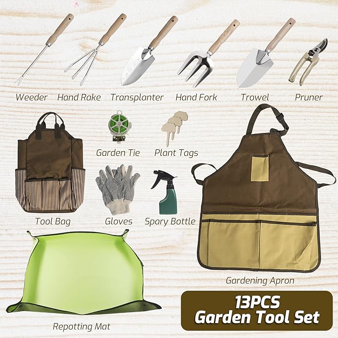 13-Piece Garden Tools Set with Tote Bag & Apron, Repotting Mat - Stainless Steel Heavy Duty Planting Kit, Ergonomic Non-Slip Handles - Gardening Gift for Women, Mom, Home Gardeners-PawvioPets