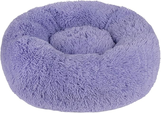 Best Pet Supplies Round Donut Dog Bed with Plush Faux Fur Fabric, Calming, Anti-Anxiety Cushion for Indoor Pets, Slip-Resistant Base, Soft Ergonomic Support - Lavender, 20x20x6''-PawvioPets