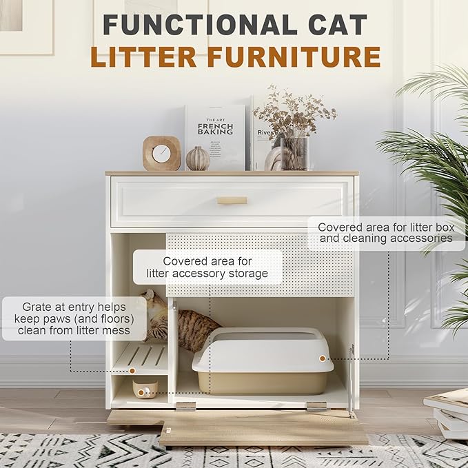 Cat Litter Box Enclosure - Indoor Litter Box Furniture Hidden with Drawer and Door - 32"x19"x32"H-PawvioPets