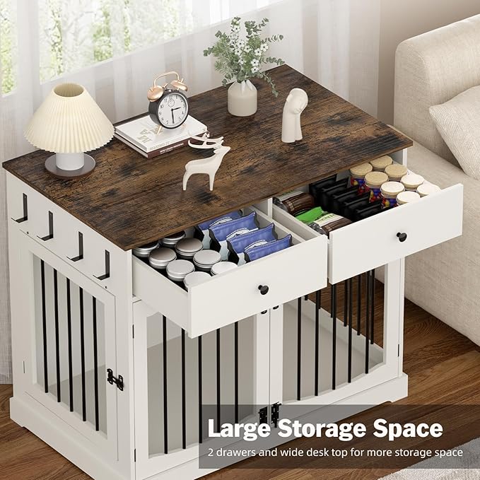 40 Inch Furniture-Style Dog Crate-Multipurpose Wood Pet Crate Furniture with Double Doors,2 Drawers, Decorative Dog House Indoor for Smal/Medium Dogs, White Finish-PawvioPets