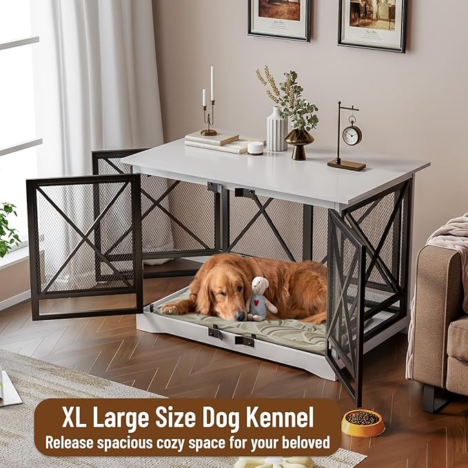 COZPAW Large Dog Crate Furniture - 48 inch Heavy Duty Dog Kennel Indoor for XLarge Breed with Double Doors, Wooden Dog Cage XL Modern Decorative End Table Pet House (White)-PawvioPets