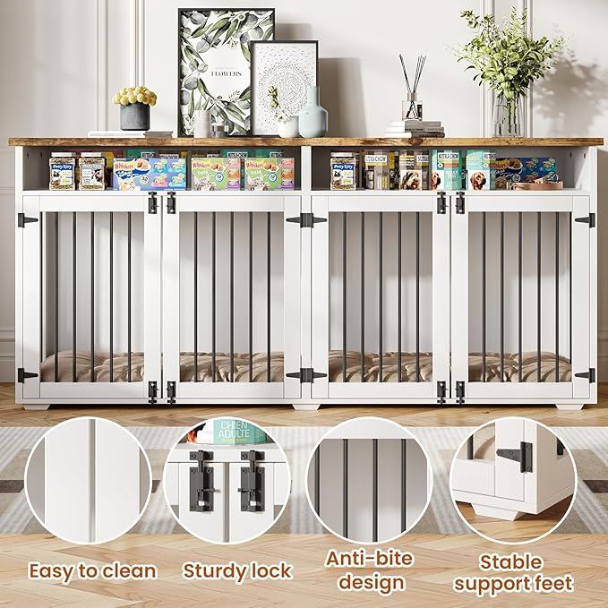 72'' Dog Crate Furniture for 2 Dogs, Wooden Dog Cage with Storage Compartment, Indoor Dog Kennel with 4 Doors for Large/Medium Dogs, White-PawvioPets
