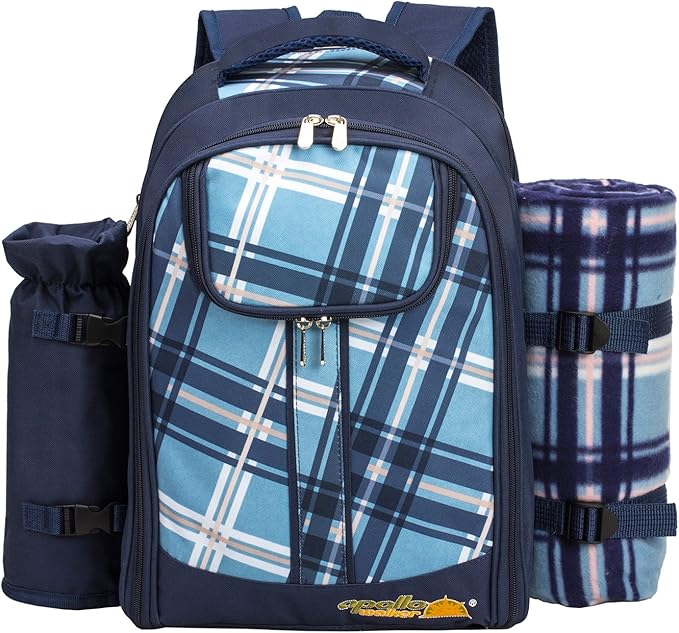 Apollo Walker Picnic Backpack Bag for 2 Person with Cooler Compartment, Detachable Bottle/Wine Holder, Fleece Blanket, Plates and Cutlery (Blue)-PawvioPets