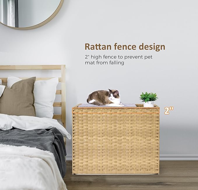 Cat Litter Box Enclosure with Litter Trapping Mat; Handwoven Plastic Rattan Cat House; No Installation Hidden Cat Washroom; Pet Crate for Balcony,Bedroom,Living Room-PawvioPets