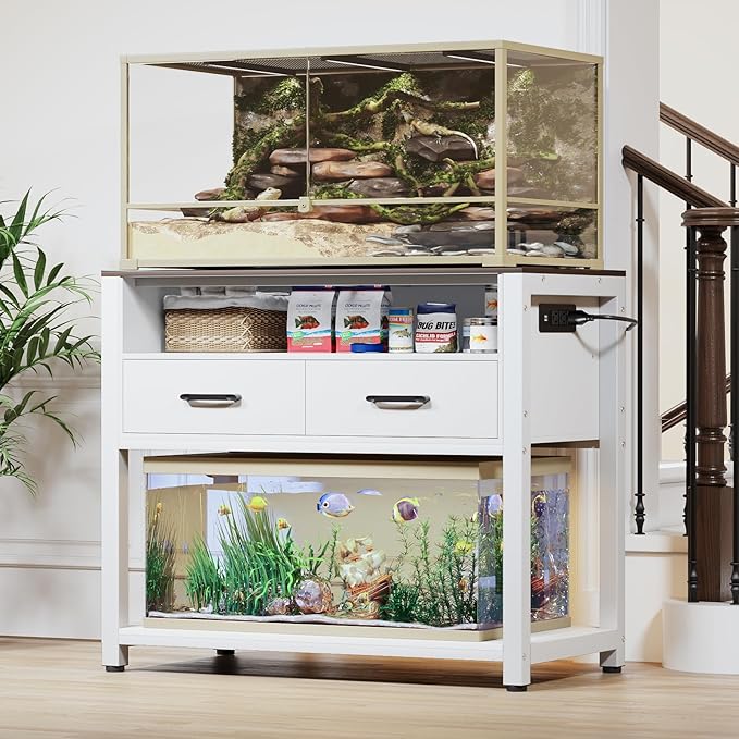 40-50 Gallon Fish Tank Stand with Power Outlet & 2 Storage Drawers, Heavy Duty Metal Frame Aquarium Stand with Waterproof Mat, 36.6" L*19.1" W Tabletop, 800LBS Capacity, White+Brown-PawvioPets