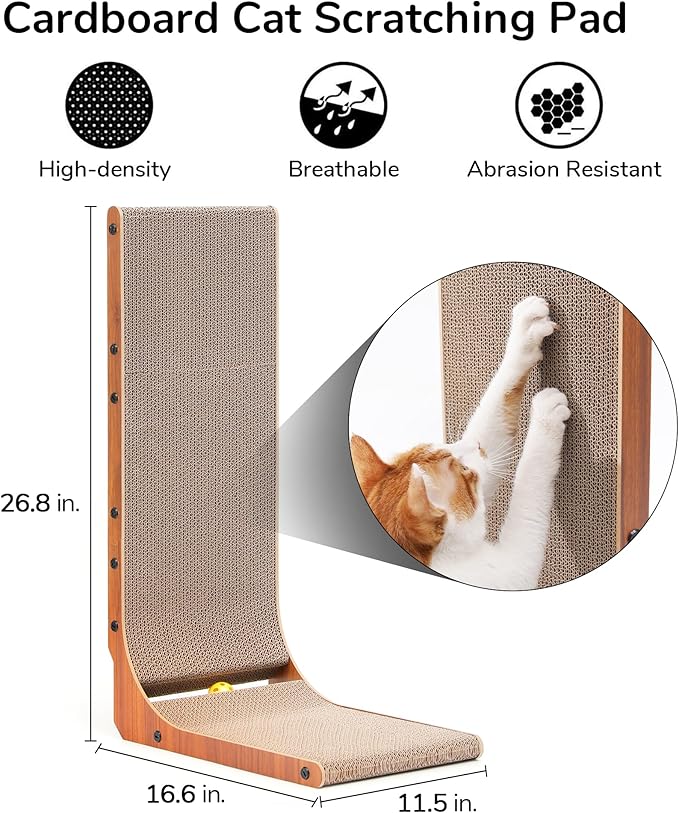 FUKUMARU Cat Scratcher, 26.8 Inch Cat Scratch Pad for Indoor Cats, L Shaped Cardboard Vertical Cats Scratching Board with Ball Toy, Walnut Color, 1 Pack-PawvioPets