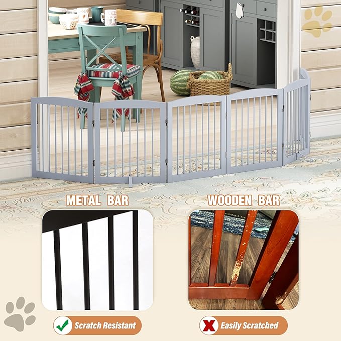 Freestanding Pet Gate for Dogs, Foldable Wooden Dog Gate for House, Extra Wide Indoor Pet Barrier for Stair, Doorway, Hall, Support Feet Included, 120 Inch Wide, 6 Panels 24", Grey-PawvioPets