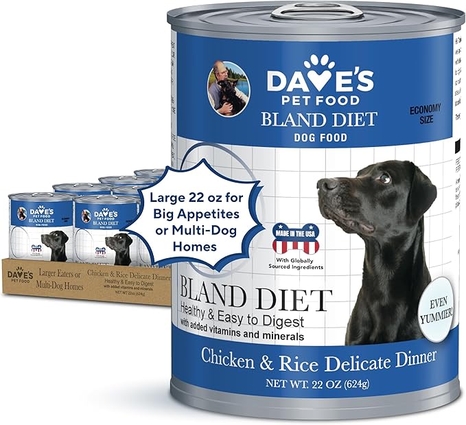 Dave's Dog Food Bland Diet Dog Food for Sick Dogs with Upset Stomach (Chicken & Rice), Economy Size for Large Pups or Big Eaters, Sensitive Stomach, 22 oz (Case of 12)-PawvioPets
