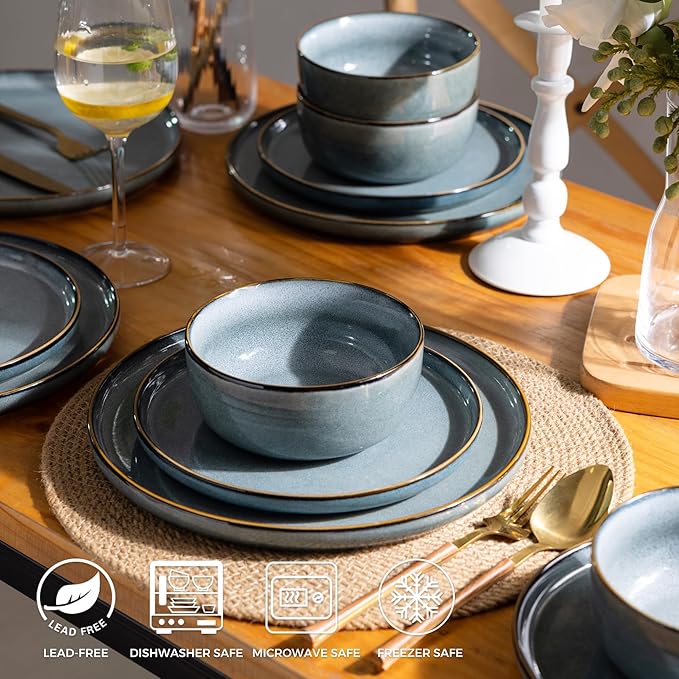 GBHOME Ceramic Dinnerware Sets for 4, 12 Pieces Stoneware Plates and Bowls Sets, Reactive Glaze Dishes -Scratch Resistant, Dishwasher&Microwave Safe, Space Blue-PawvioPets