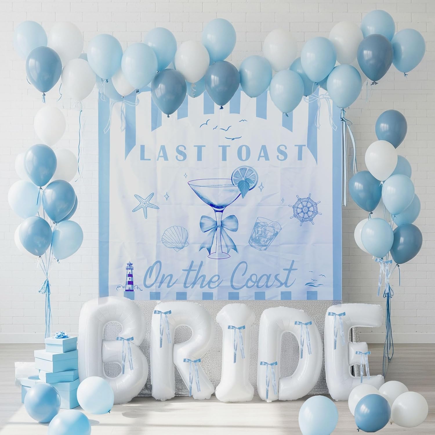 Last Toast on the Coast Bachelorette Decorations Blue bridal shower Balloon Garland Kit with 1.5m Backdrop Huge 40 inch BRIDE letter balloons for Hen Party Wedding Engagement supplies