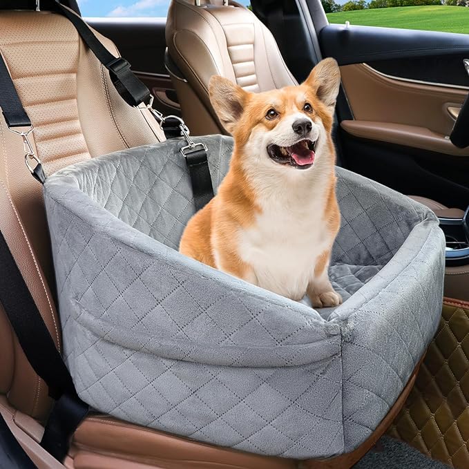Dog Car Seat for Small Dogs,Detachable Washable Dog Booster Seat for Medium Dogs Under 30lbs, Pet Car Seat Travel Bed with Storage Pockets and Dog Safety Belt (Grey)-PawvioPets