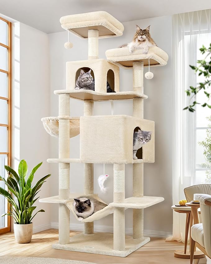 Globlazer Cat Tree Tower, 76-Inch Extra Tall Multi-Level Cat Furniture with Cozy Condos, Hammock and Perches for Adult Cats, Perfect for Climbing, Scratching, and Play, F76, Beige-PawvioPets